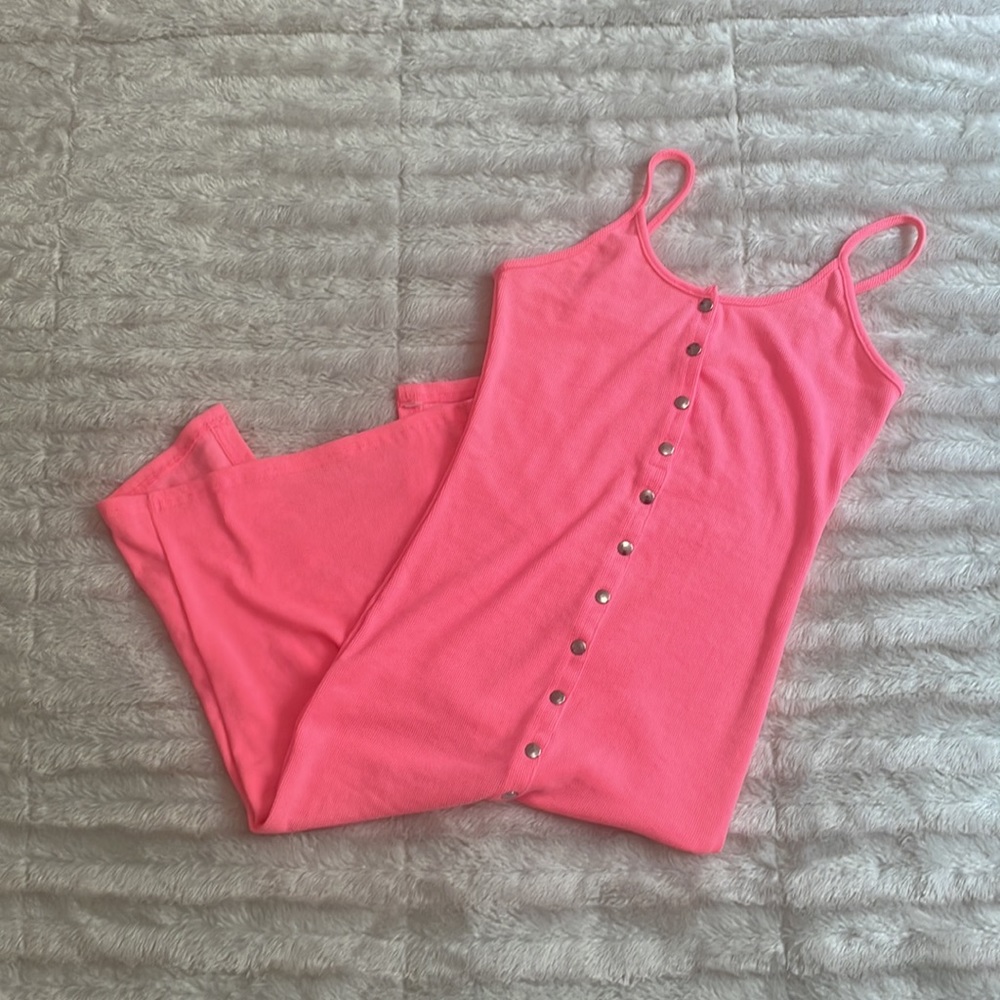 Midi ribbed spaghetti strap pink dress with buttons, size L